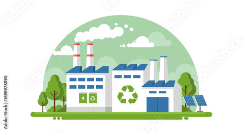 Eco-friendly factory with solar panels, recycling symbol and greenery against a pastel background. Concept for sustainable development, renewable energy and corporate responsibility