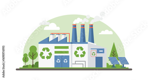Cartoon illustration of a recycling factory with solar panels and trees, conveying environmental responsibility. Concept for renewable energy, eco-friendly production and waste management initiatives