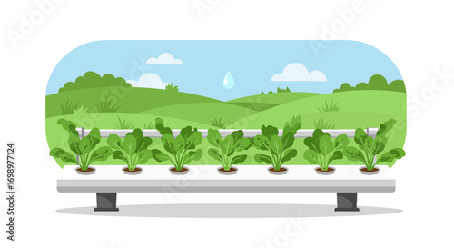Hydroponic system growing plants against a green landscape, showing sustainable agriculture. Concept for vertical farming, modern horticulture and innovative cultivation