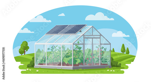 Illustration of a greenhouse with plants inside and solar panels on the roof under blue sky, concept for sustainable agriculture, eco-friendly gardening and renewable energy