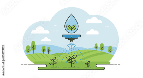 Illustration of automated irrigation system watering plants in a field under a blue sky. Concept for sustainable agriculture, precision farming and water conservation
