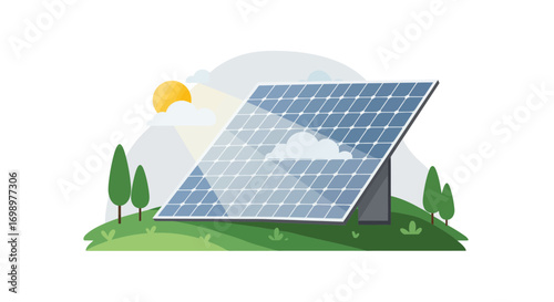 Illustration of solar panel on a green hill under the sun and clouds in daylight, concept for renewable energy generation, sustainable development and environmental conservation
