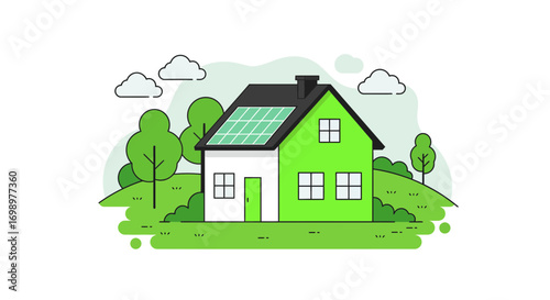 Illustration of a green and white house with solar panels on the roof nestled among trees and clouds. Concept for sustainable living, renewable energy and eco-friendly homes