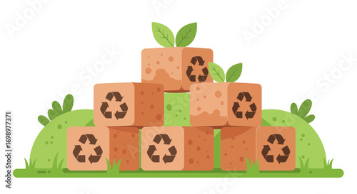 Stack of wooden blocks featuring recycling symbol arranged on grass with leaves, concept for environmental awareness, sustainable lifestyle and eco-friendly practices