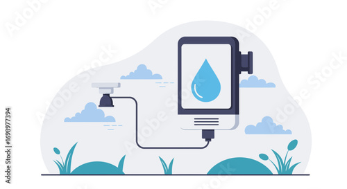 Illustration of a smart irrigation system featuring a water drop logo and sensor in a field, concept for sustainable agriculture, water conservation and environmental technology