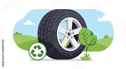 Illustration of a car tire beside recycle symbol and green leaves on a green field with blue sky, concept for environmental protection, sustainable transport and tire recycling