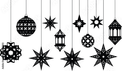 Islamic Festive Vector Set: Hanging Ornaments, Lanterns, and Stars on Strings

