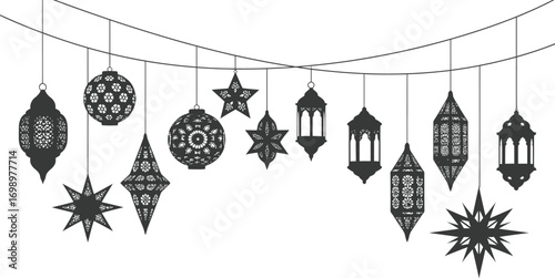 Islamic Festive Vector Set: Hanging Ornaments, Lanterns, and Stars on Strings

