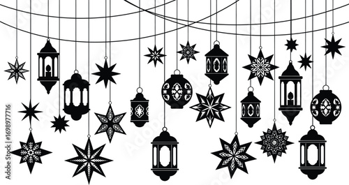 Islamic Festive Vector Set: Hanging Ornaments, Lanterns, and Stars on Strings


