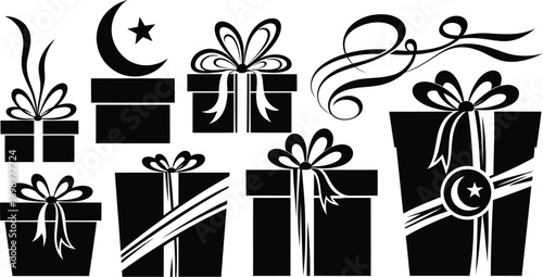 Islamic Festive Vector Set: Gift Box and Ribbon Silhouettes for Eid Presents

