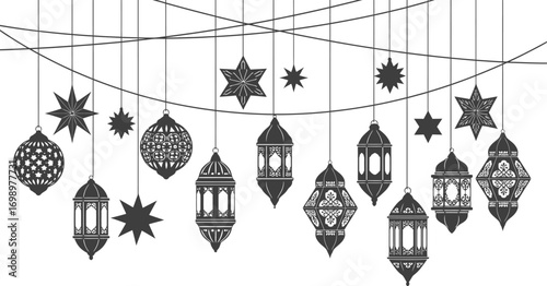 Islamic Festive Vector Set: Hanging Ornaments, Lanterns, and Stars on Strings

