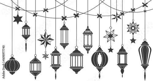Islamic Festive Vector Set: Hanging Ornaments, Lanterns, and Stars on Strings

