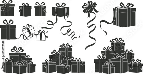 Islamic Festive Vector Set: Gift Box and Ribbon Silhouettes for Eid Presents

