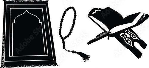 Islamic Items Vector Set: Silhouettes of Prayer Mat, Tasbih, and Qur'an Stand

