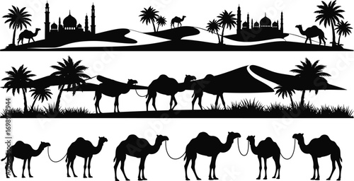 Desert Landscape with Camels, Date Palms, and Distant Mosques - Black & White Silhouettes

