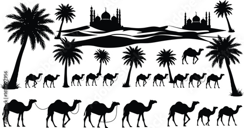 Desert Landscape with Camels, Date Palms, and Distant Mosques - Black & White Silhouettes

