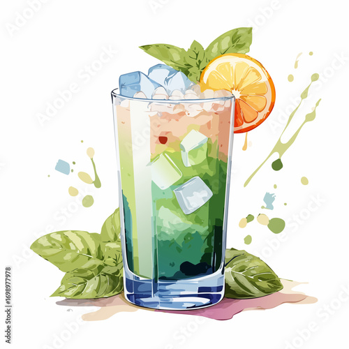 Basil Smash Cocktail Vector — Refreshing Green Drink with Citrus and Ice