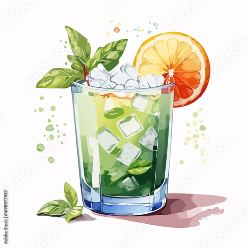 Basil Smash Cocktail Vector — Refreshing Green Drink with Citrus and Ice