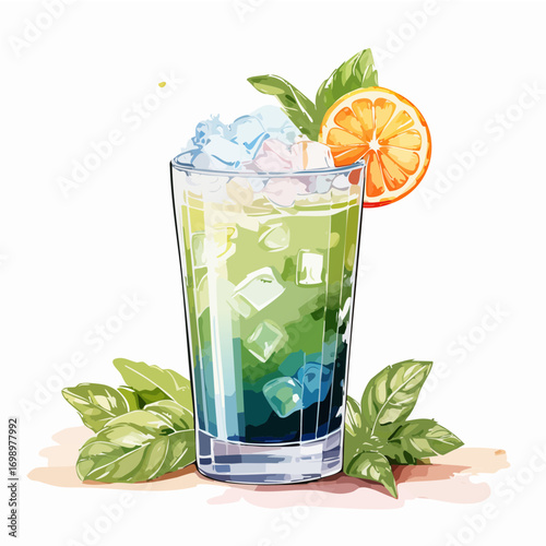 Basil Smash Cocktail Vector — Refreshing Green Drink with Citrus and Ice