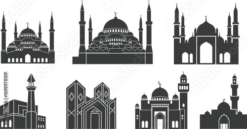 Islamic Mosque Silhouettes Vector Set: Diverse Architectural Styles


