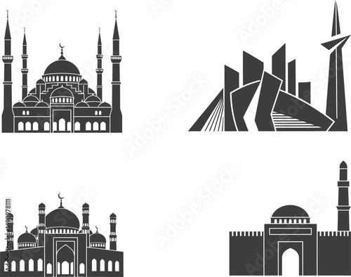 Islamic Mosque Silhouettes Vector Set: Diverse Architectural Styles

