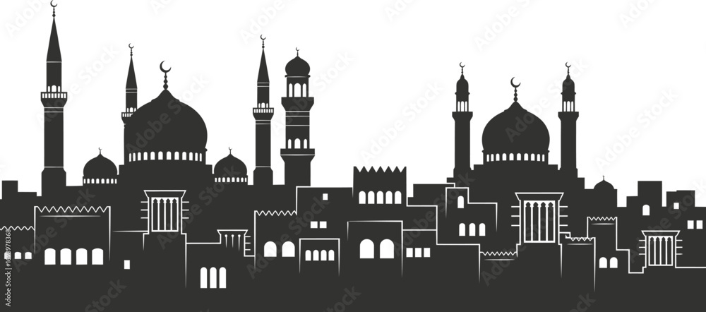 Fototapeta premium Arabian Cityscape Vector Set: Silhouette Skyline with Mosques and Minarets