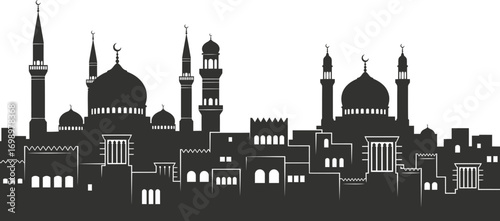 Arabian Cityscape Vector Set: Silhouette Skyline with Mosques and Minarets

