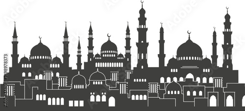 Arabian Cityscape Vector Set: Silhouette Skyline with Mosques and Minarets


