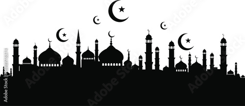 Arabian Cityscape Vector Set: Silhouette Skyline with Mosques and Minarets

