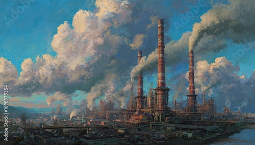Industrial landscape at sunrise, with towering factory chimneys billowing smoke against a vibrant sky filled with clouds