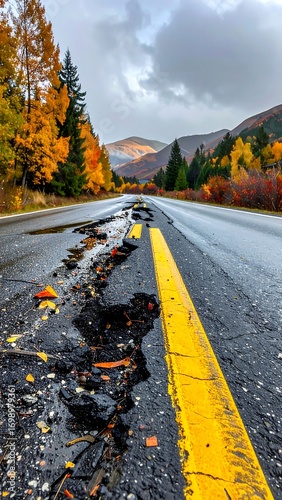 Autumn road with a pothole