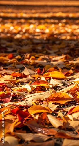 Vibrant autumn leaves carpet the ground bathed in warm golden sunlight, evoking cozy seasonal feelings.