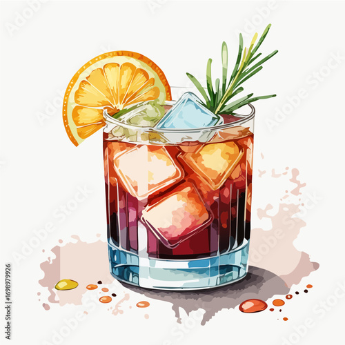Negroni Cocktail Vector — Classic Italian Aperitif with Orange Slice and Ice Cubes