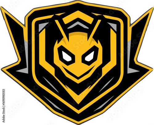 A hornet mascot with glowing eyes, placed inside a hexagonal golden shield, minimalistic esport emblem design.eps