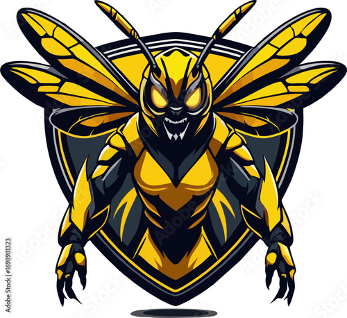 A wasp mascot with heavy golden armor, large wings, and crown-like helmet, styled as a guardian crest logo.eps