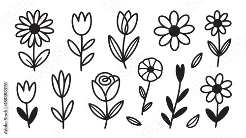 Collection of hand-drawn flowers daisies tulips roses leaves and buds in black outline on white background