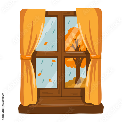 Autumn window with yellow curtains, raindrops on glass and orange tree outside. Cartoon vector illustration on white background.