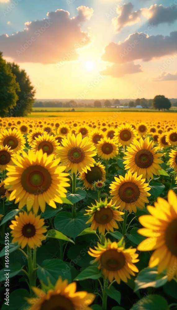 Obraz premium Endless rows of vibrant sunflowers basking in the golden sunlight, creating a breathtaking summer landscape Perfect for nature, agriculture, and summer themes , clouds, landscape