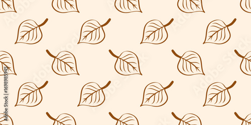 Seamless pattern with linden leaves in outline linear style. Fall time print. Thin line foliage background.