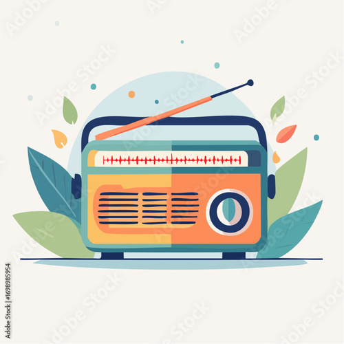 Retro Radio with Leaves on Light Background