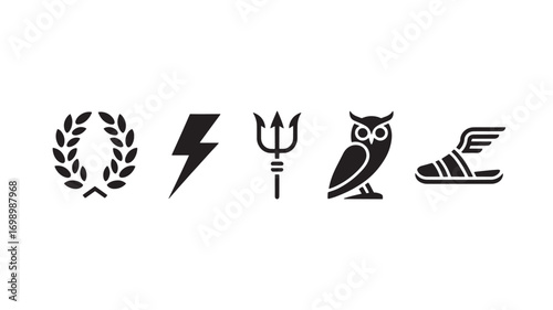 Greek Mythology Symbols Laurel Wreath Lightning Bolt Trident Owl and Winged Sandal