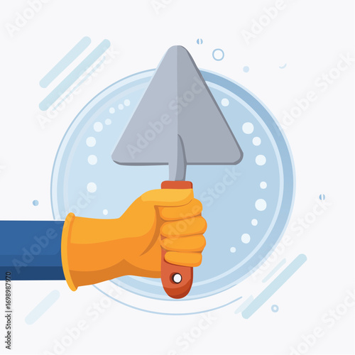 Hand In Yellow Glove Holding Trowel On Abstract Circular Background With Blue Lines