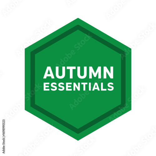Autumn Essentials green hexagon label for seasonal product promotion and marketing