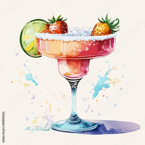 Strawberry Margarita Cocktail Vector — Frozen Pink Drink with Lime Wedge and Fresh Berries
