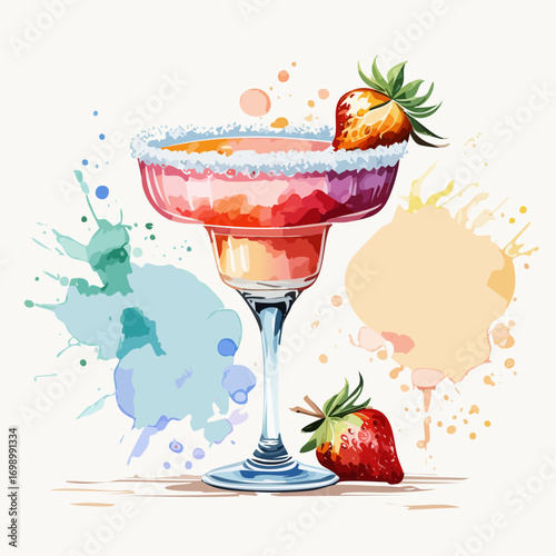 Strawberry Margarita Cocktail Vector — Frozen Pink Drink with Lime Wedge and Fresh Berries