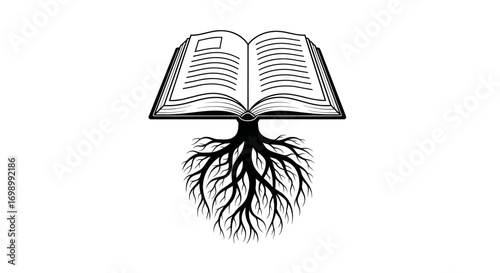 The roots of knowledge: An open book transforming into a tree with intricate roots