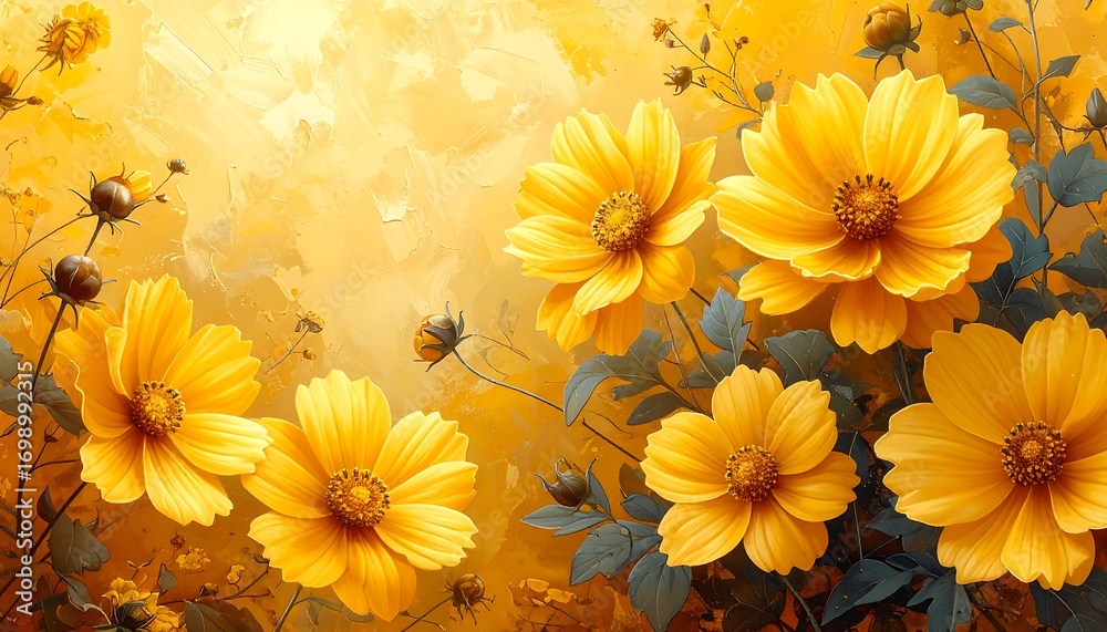 Fototapeta premium A vibrant display of luminous yellow cosmos blossoms, set against a backdrop of soft, golden hues, creating a warm and inviting floral composition.