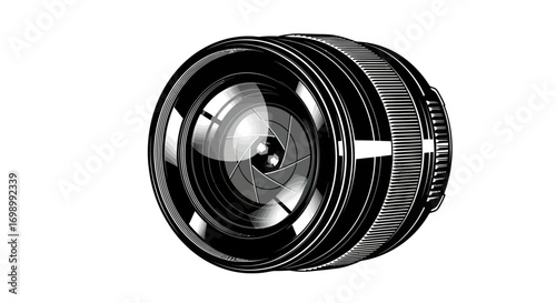 A detailed illustration showcasing a camera lens in striking black and white precision imaging