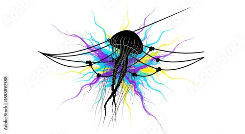 Abstract jellyfish illustration with vibrant burst of color and intricate line work design