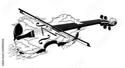 Celestial harmony: a violin enveloped in clouds with a lightning bolt bridge